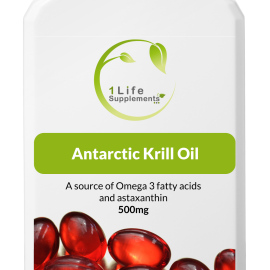 1 Life Supplements Antarctic Krill Oil tub, 60 x 500mg capsules, a source of omega-3 fatty acids and astaxanthin, with red softgel capsules