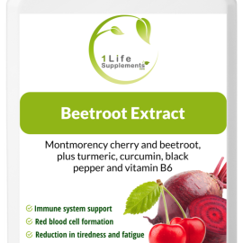 1 Life Supplements Beetroot Extract tub, 60 capsules, Montmorency cherry and beetroot plus turmeric, black pepper and vitamin B6, shown with fresh cherries and a whole beetroot