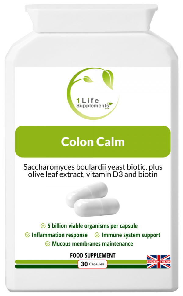 Colon Calm, Saccharomyces boulardii, yeast probiotic, friendly bacteria, good bacteria, diarrhoea, inflammation, immune system, immunity, digestion, digestive health, bloating, Irritable Bowel Syndrome, IBS, colitis, Crohn's disease, Candida, olive leaf, vitamin D, vitamin D3, biotin, inflammation, efsa, health claims
