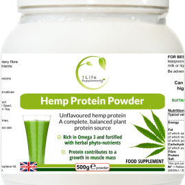 1 Life Supplements Hemp Protein Powder 500g tub, unflavoured hemp seed protein fortified with herbal phyto-nutrients, shown with a green smoothie and a hemp leaf