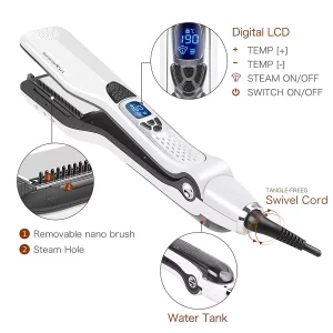 Steam Hair Straightener Brush with Ceramic Flat Iron & Ionic Heating Comb